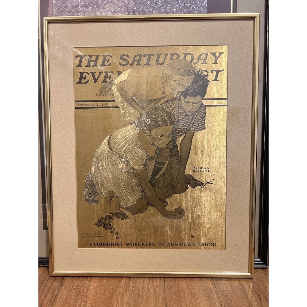 3 vintage Norman Rockwell Gold Foil Etching Suturday Evening Cover Art Posters